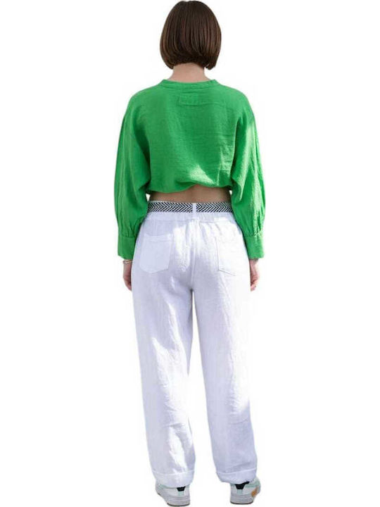 Women's High Rise Linen Capri Trousers in Relaxed Fit White