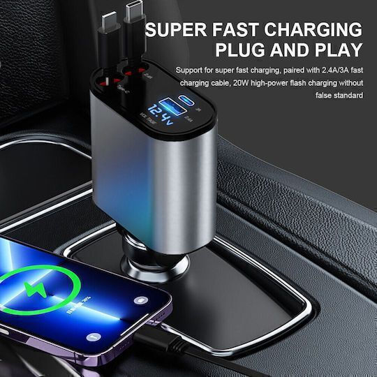 Spv T Φορτιστής Αυτοκινήτου 120w 2.4a Γρήγορης Φόρτισης Θύρες 1xusb-a 1xtype-c Καλώδιο Lightning Type-c Βολτόμετρο