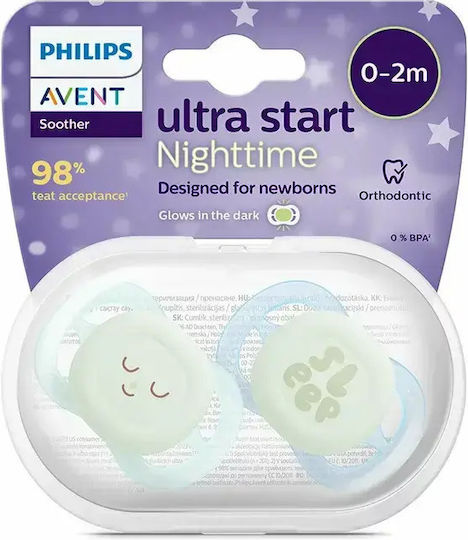 Philips Ultra Start Orthodontic Pacifiers Silicone Night with Case for 0-2 months 2pcs