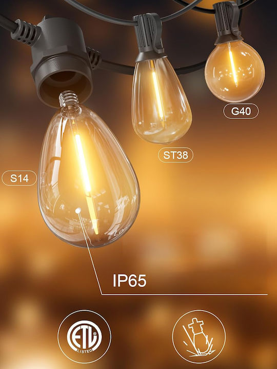 Resteq Gırlanda Κήπου Led S14 45 M 48 Λαμπτήρες Ip65 2700k Θερμό Λευκά