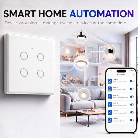 Qoltec Умен сензорен стенен ключ за осветление 4 кръга Wi-fi таймер Tuya Smart Life закалено стъкло бял