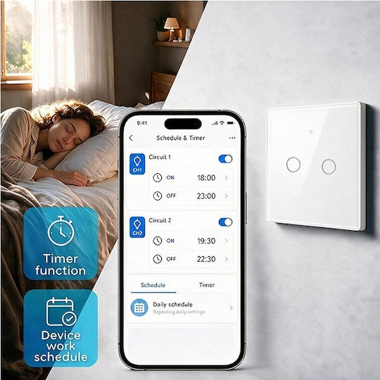 Qoltec Smart Touch Light Switch 2 Circuits Wi-fi Timer Tuya Smart Life Tempered Glass White
