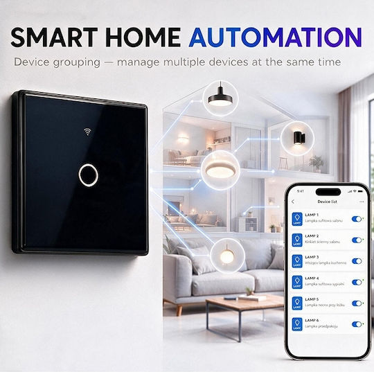 Qoltec Smart Touch Light Switch 1 Position Wi-fi Timer Tuya Smart Life Tempered Glass Black