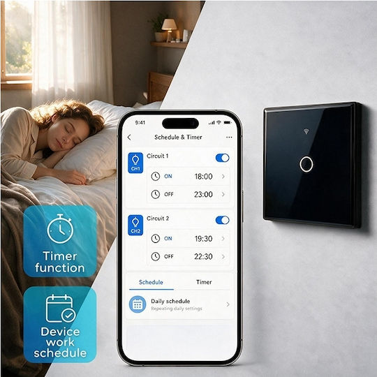 Qoltec Smart Touch Light Switch 1 Position Wi-fi Timer Tuya Smart Life Tempered Glass Black