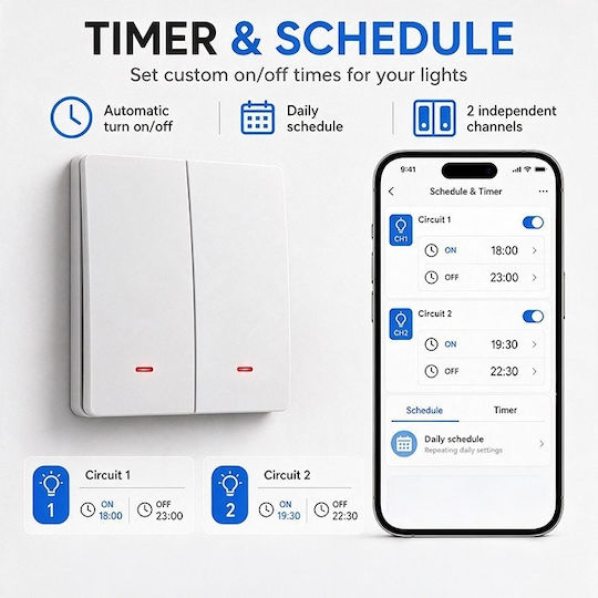 Qoltec Smart Switch 2 Circuits Wi-fi Timer Tuya Smart Life White