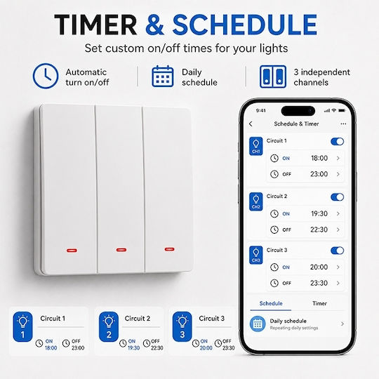 Qoltec Умен стенен прекъсвач 3 канала Wi-Fi таймер Tuya Smart Life бял
