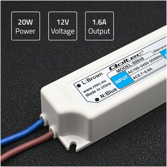 Qoltec LED Захранване Водоустойчиво IP67 Мощност 20W с Изходно Напрежение 12V