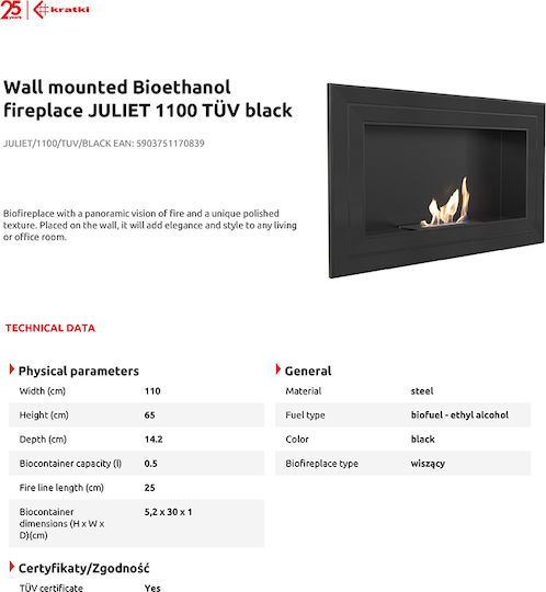 Kratki Juliet 1100 Tuv Indoor Wall Mounted Bioethanol Fireplace Black 110x14.2x65cm