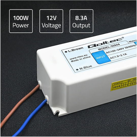 Qoltec LED Захранване Водоустойчиво IP67 Мощност 100W с Изходно Напрежение 12V