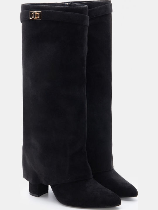 Wildleder Damenstiefel mit hohem Absatz Schwarze