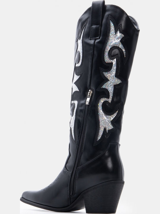 Suede Women's Boots Cowboy with Mid Heel Black
