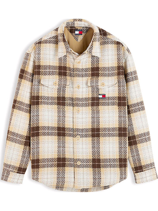 Μακρυμάνικo Τζιν Overshirt σε Oversized Γραμμή Καρό Εκρου- Καφε- Μπεζ