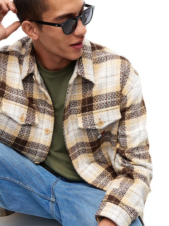 Μακρυμάνικo Τζιν Overshirt σε Oversized Γραμμή Καρό Εκρου- Καφε- Μπεζ