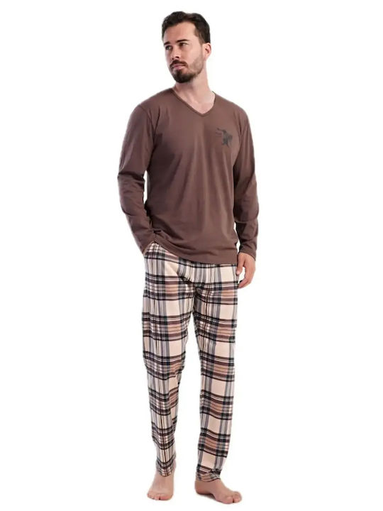 Vienetta Secret Pijama de Iarnă în Carouri pentru Bărbați din Bumbac Maro