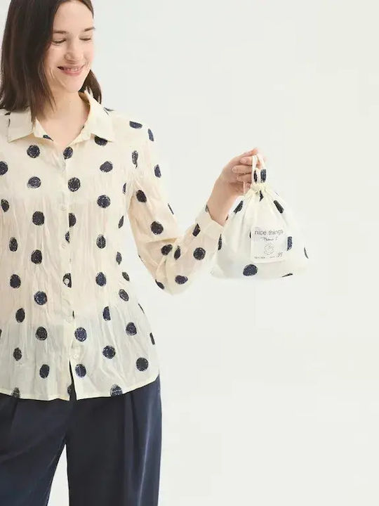 Long Sleeve Women's Cotton Shirt Green Polka Dot