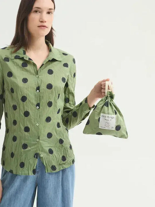Long Sleeve Women's Cotton Shirt Green Polka Dot