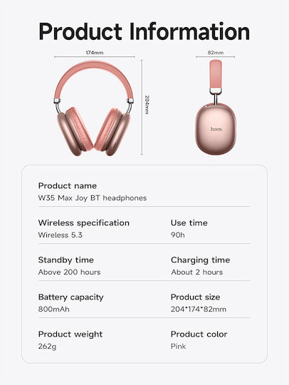 Hoco W35 MAX Ασύρματα / Ενσύρματα Over Ear Ακουστικά με 40 ώρες Λειτουργίας Ροζ