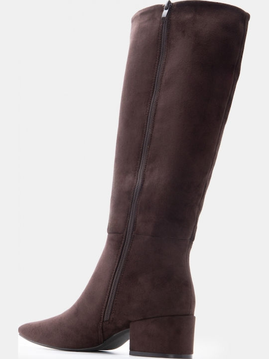 Suede Women's Boots with Mid Heel Brown
