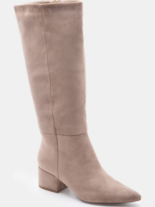 Suede Women's Boots with Mid Heel Beige