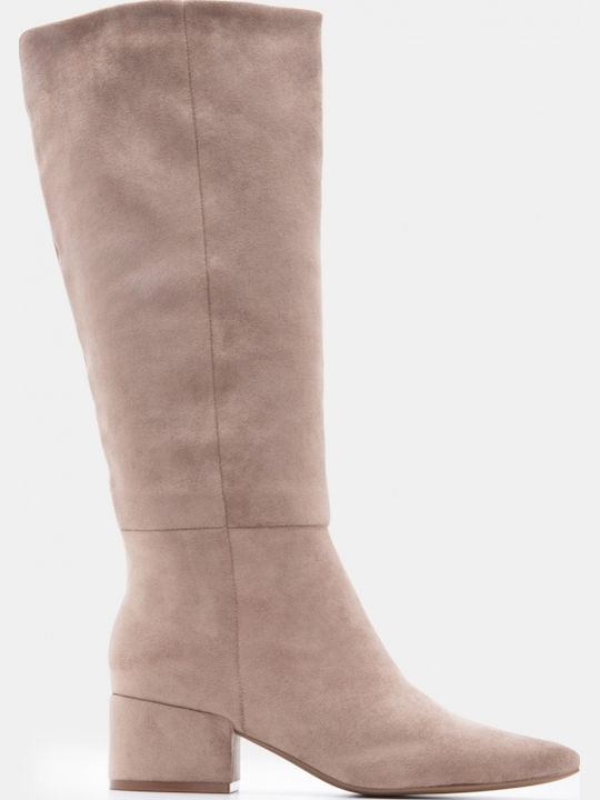 Suede Women's Boots with Mid Heel Beige