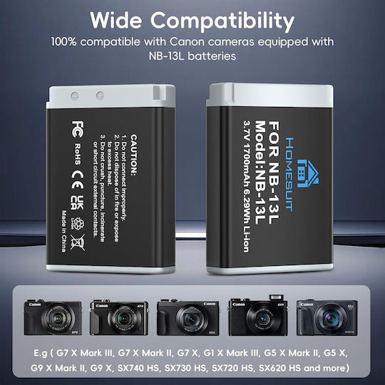 Încărcător Dublu Cu Ecran Lcd Pentru Baterii Set 2 Homesuit Nb-13l 1700 Mah Compatibil Canon Powershot G7x Mark Ii Iii G5x G9x Sx740 Hs Sx720 Hs Sx620 Hs Încărcare Usb Protecție Inteligentă
