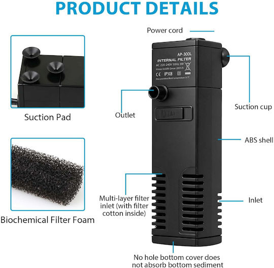 Filtru Interior Pentru Acvarii Cu Volumul Acvariului Până La 200lt Cu Putere 3W
