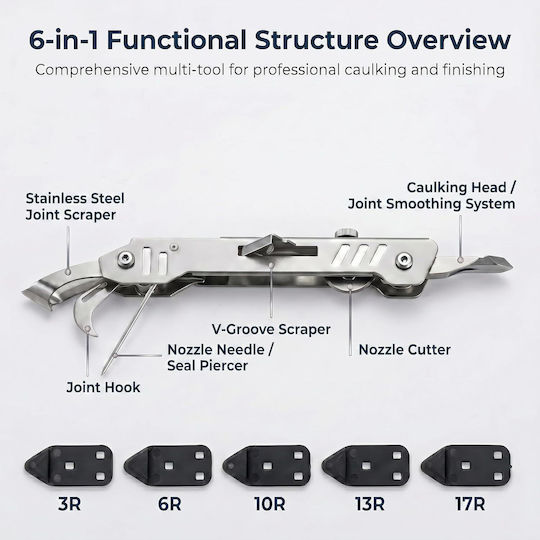 Set De Unelte Thirrni 6-în-1 Cuțit De Glet Din Oțel Inoxidabil Pentru Îndepărtare Și Netezire Capete De Silicon Interchangeabile Cutter Tub De Etanșare Racletă Pentru Baie Bucătărie