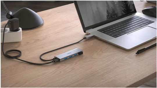 HAMA USB-Hub mit 4 Anschlüssen USB 3.2 mit Anschluss an einen Computer USB-A / USB-C in Grau