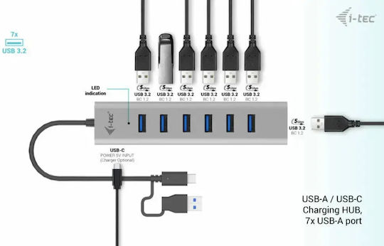 i-tec USB Хъб 7 Порта USB 3.2 с USB-C Връзка Сребрист