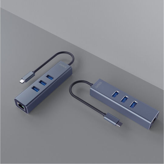 Savio AK-57 Hub USB 3 Porturi USB 3.1 cu Conectare USB-C Ethernet Gri