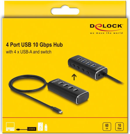 DeLock USB-Hub 4 Anschlüsse USB 3.0 mit Anschluss an einen Computer USB-C