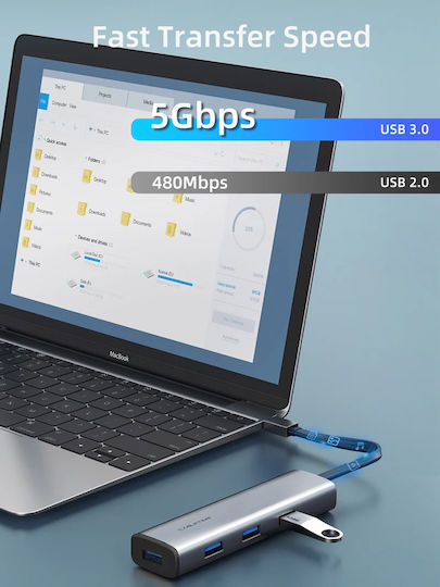 Cabletime CT-HUBP4 USB-Hub 4 Anschlüsse USB 3.0 mit USB-C Verbindung Grau