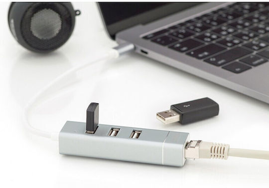 Digitus Hub 3 Θυρών USB 2.0 με σύνδεση USB-C / Ethernet Λευκό