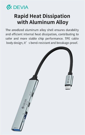 Devia USB Хъб 4 Порта USB 3.0 с USB-C Сив