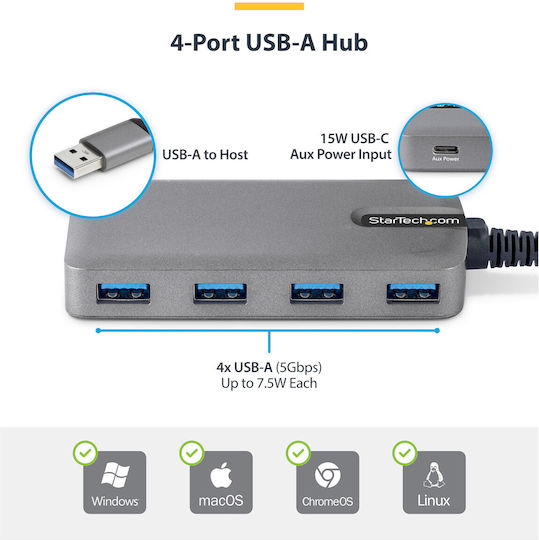 StarTech USB-Hub mit 4 Anschlüssen mit Anschluss an einen Computer USB-A / USB-C Grau