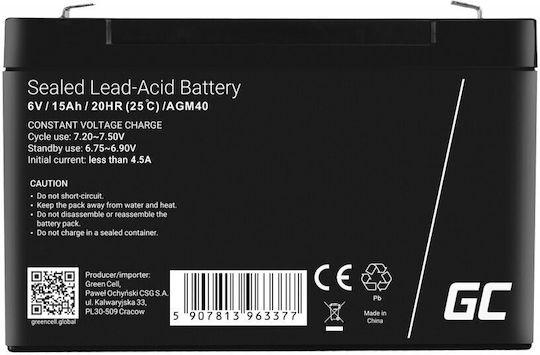 Green Cell Baterie UPS cu Capacitate 15Ah și Tensiune 6V AGM40 1buc