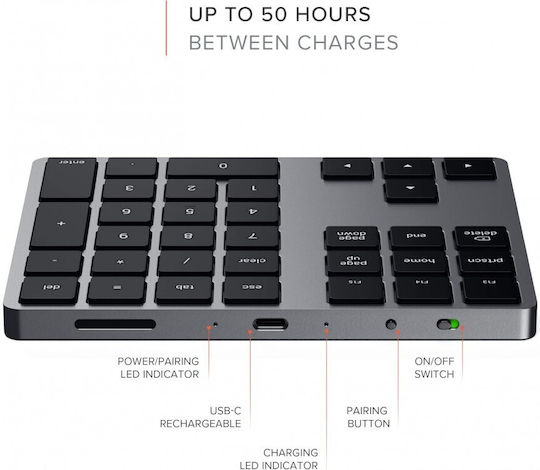 Satechi Aluminum Extended Ασύρματο Bluetooth Αριθμητικό Πληκτρολόγιο Γκρι