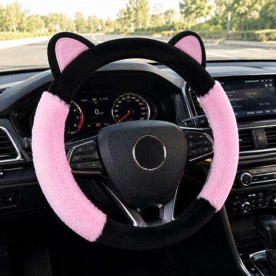 Fluffy Black Pink Medium 38cm Steering Wheel Cover 5238