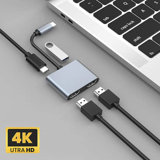 Powertech USB-C Stație de andocare cu HDMI 4K și conexiune 2 monitoare Gri (CAB-UC083)