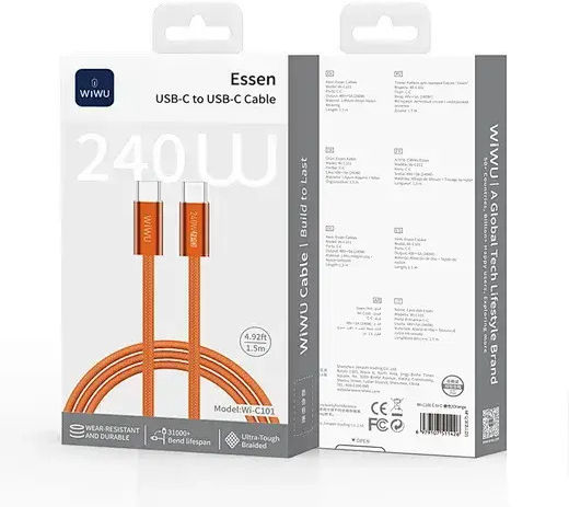 Wiwu Braided USB 2.0 Cable USB-C Male - USB-C 240W Orange 1.5m