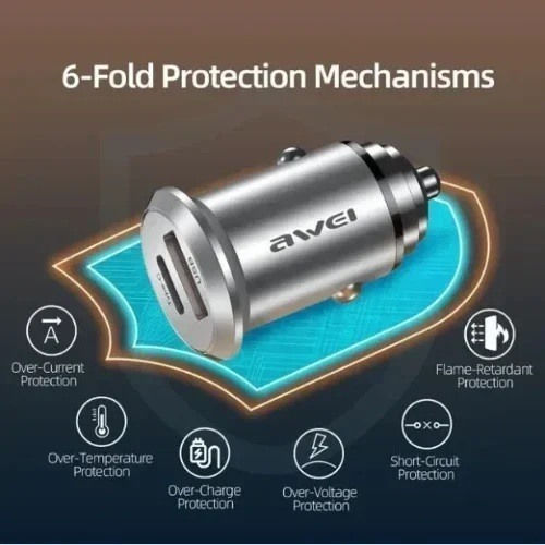 Awei Car Charger 45W With Ports 1xUSB-A 1xType-C With Embedded Cable Type-C