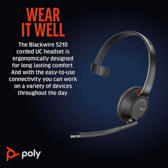 Plantronics Blackwire C5210 USB-C Auf dem Ohr Multimedia-Headsets mit Mikrofon und Verbindung 3,5 mm Klinke / USB-A in Schwarz Farbe