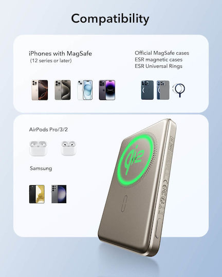 ESR Qi2 MagSlim MagSafe Qi2 Baterie externă 10000mAh 15W Titaniu