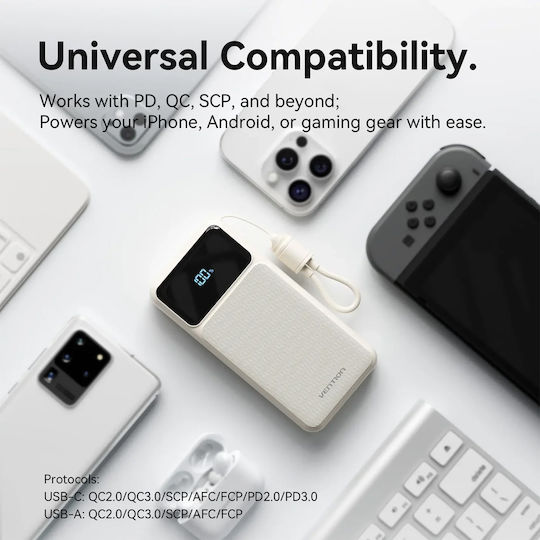 Vention XGY39 Външна батерия 10000mAh 22.5W с USB-A порт и USB-C порт Power Delivery / Бързо зареждане Розов