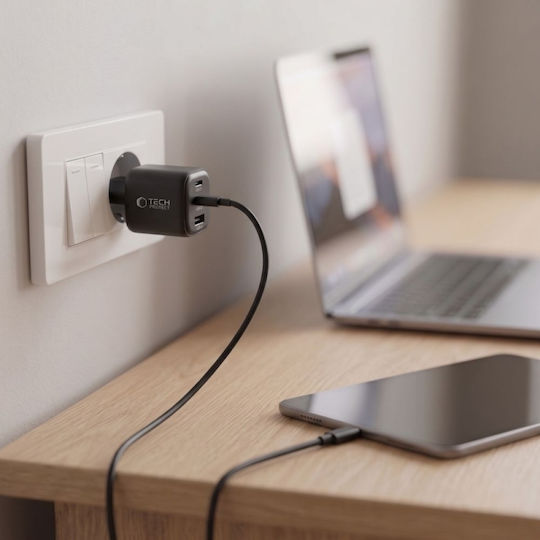 Tech-Protect GaN Charger Without Cable with USB-A Port and 2 USB-C Ports 100W Power Delivery / Quick Charge 3.0 Black (NCA100W)