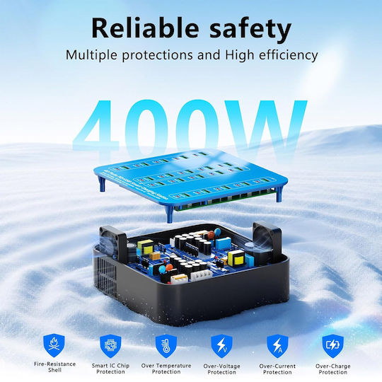 База за Зареждане с 20 USB-A Изходни Порта и 20 USB-C Изходни Порта 400W Power Delivery / Quick Charge 3.0 в Син Цвят (A-075)