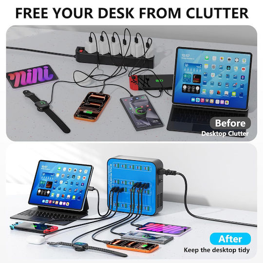 База за Зареждане с 20 USB-A Изходни Порта и 20 USB-C Изходни Порта 400W Power Delivery / Quick Charge 3.0 в Син Цвят (A-075)