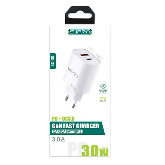 SiiPro Φορτιστής Χωρίς Καλώδιο GaN με Θύρα USB-A και Θύρα USB-C 30W Power Delivery / Quick Charge 3.0 Λευκός (SD-30)