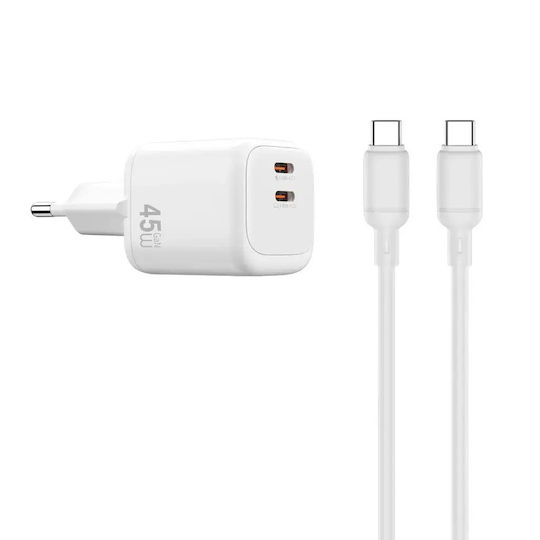 Wiwu Φορτιστής GaN με 2 Θύρες USB-C και Καλώδιο USB-C - USB-C 45W Power Delivery Λευκός (Cube)