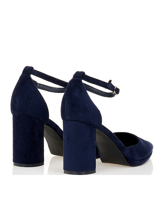 Suede Γόβες με Λουράκι & Χοντρό Ψηλό Τακούνι Μπλε
